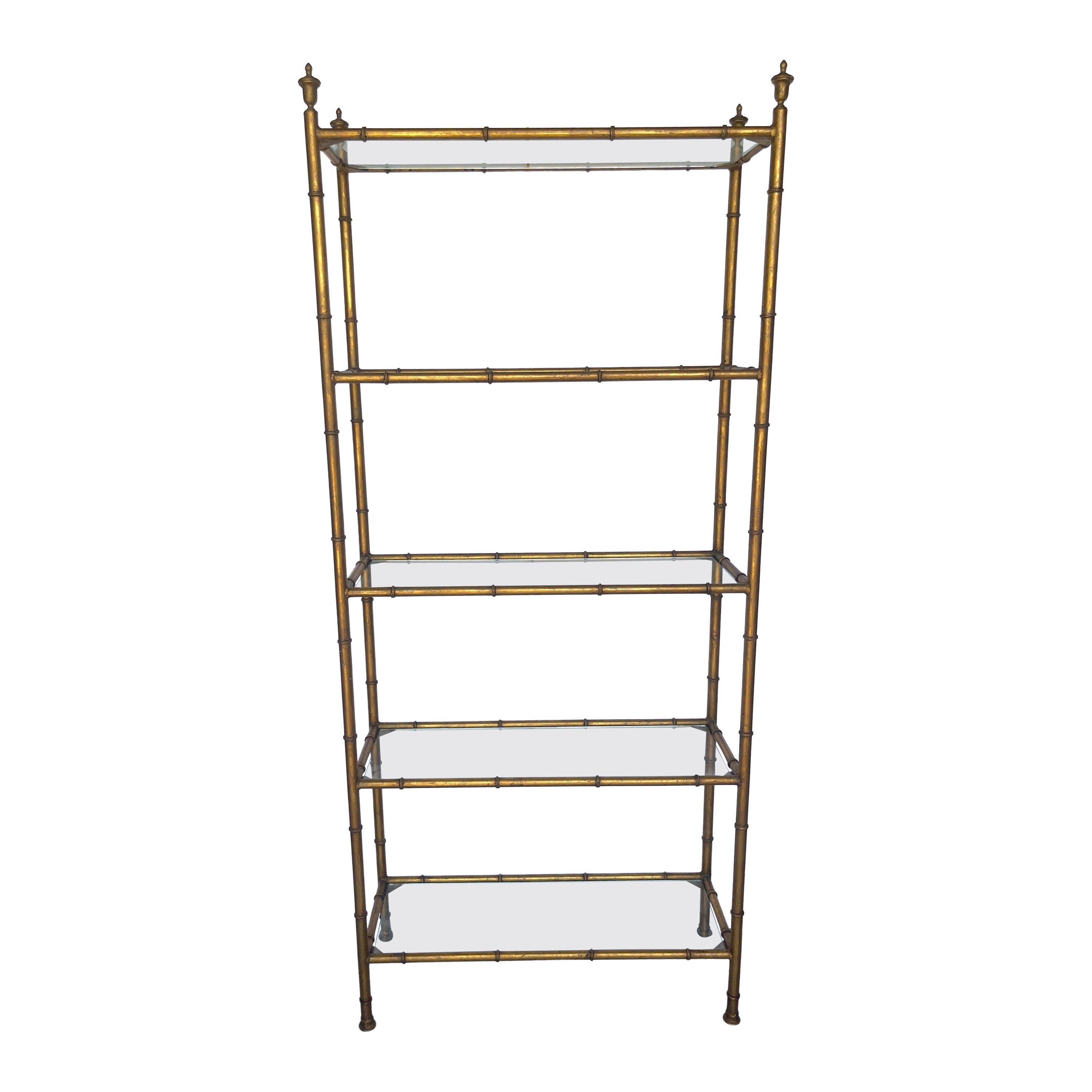 Italian Neoclassical Gilt Faux Bamboo 5-Tier Etagere with Urn Finials, C. 1960s For Sale
