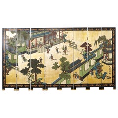 Vintage Chinese Export Eight Panel Coromandel Screen Gilt Pavilion