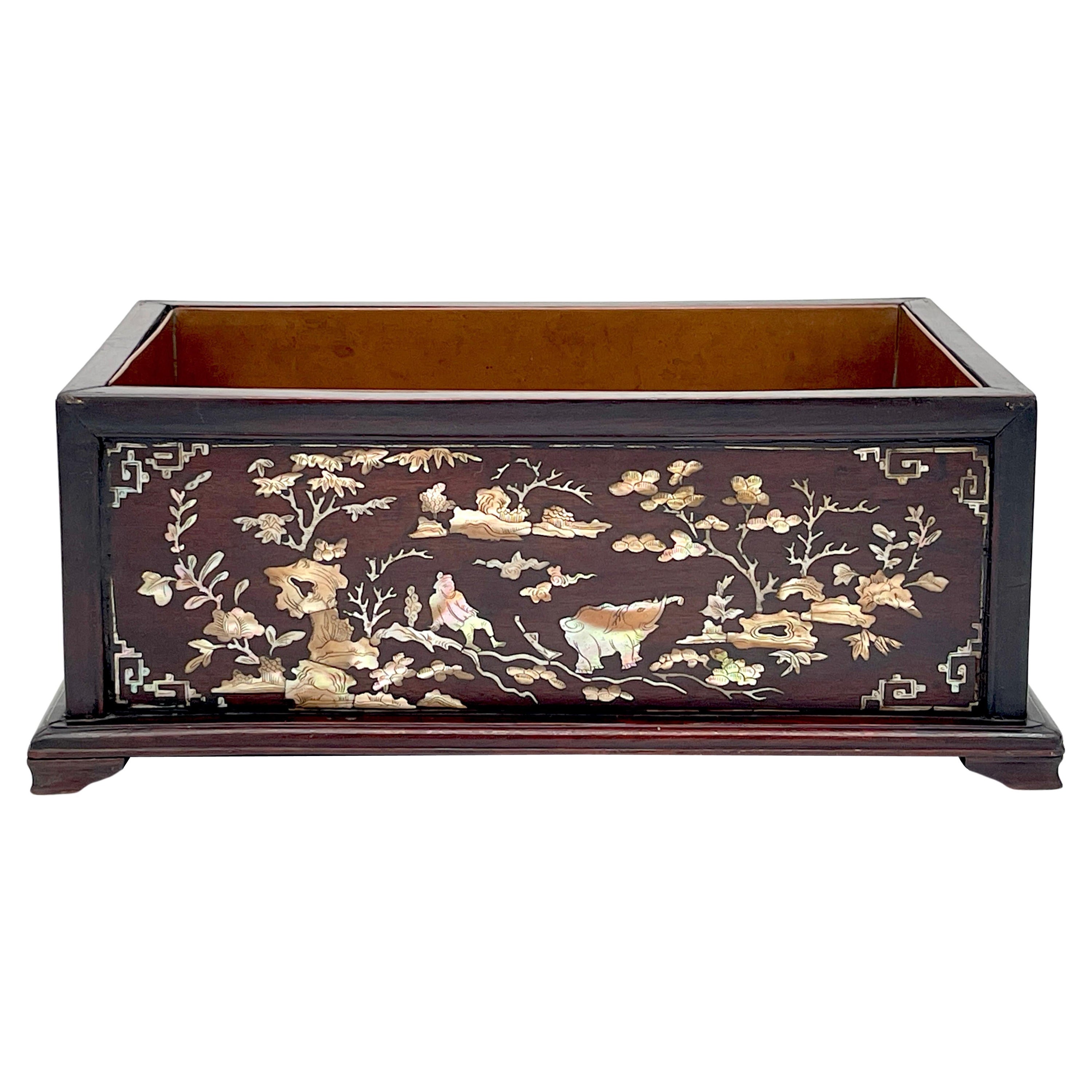 Antique Chinese Mother of Pearl Inlaid Hardwood Jardinière with Copper Liner