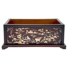 Antique Chinese Mother of Pearl Inlaid Hardwood Jardinière with Copper Liner