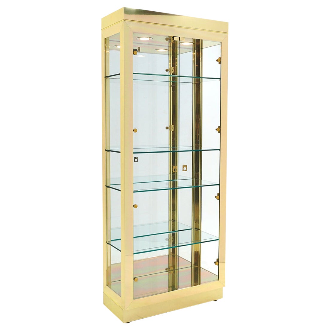 Tall Brass & Glass Lighted Display Cabinet.  Beautiful Condition.  For Sale