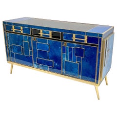 1980s Italian Post Modern Used Blue Black Brass 3-Door 3-Drawer Cabinet