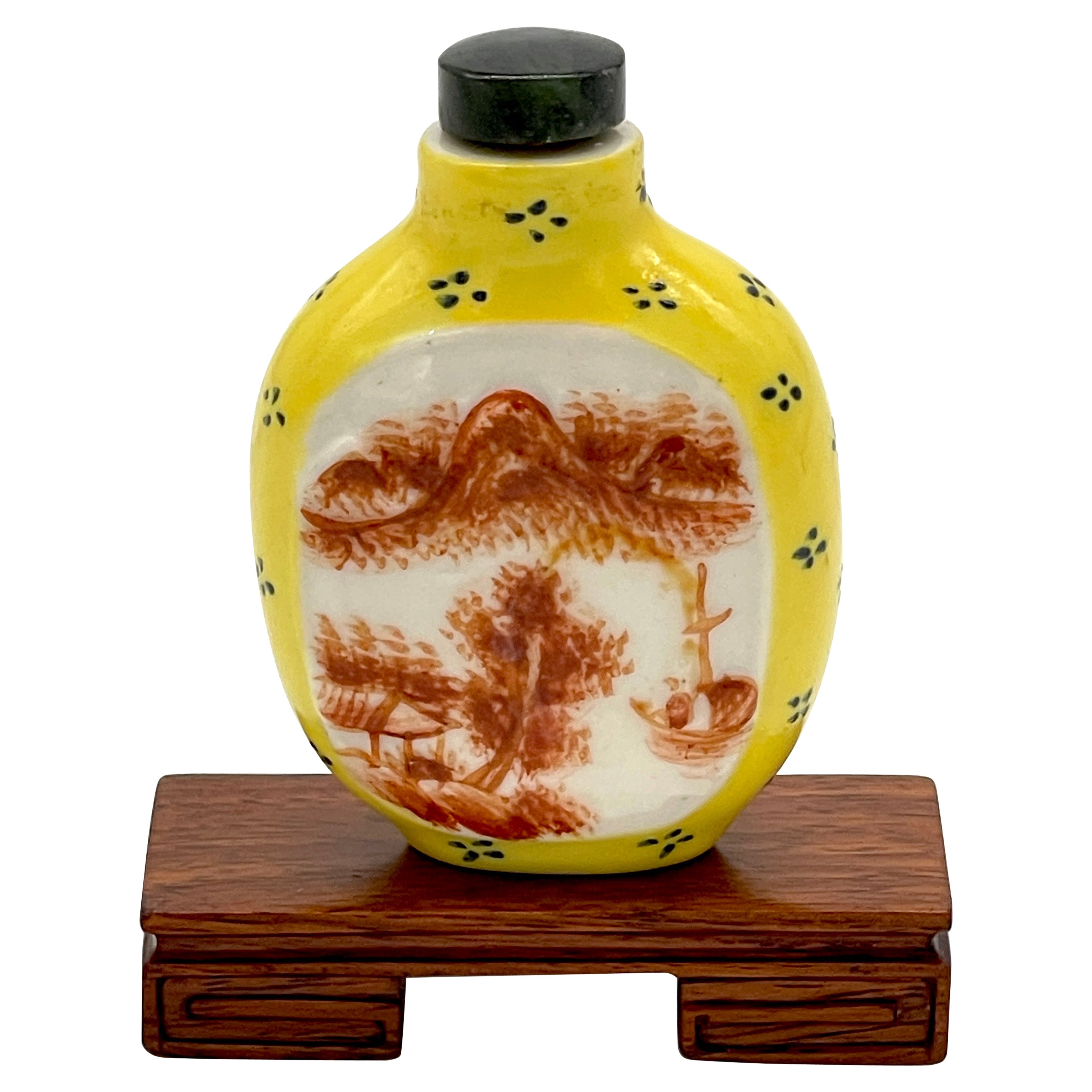 Chinese Yellow Peaking Glass Scenic & Hardstone Snuff Bottle & Stand, Signed  For Sale