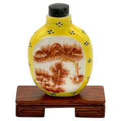 Chinese Yellow Peaking Glass Scenic & Hardstone Snuff Bottle & Stand, Signed 