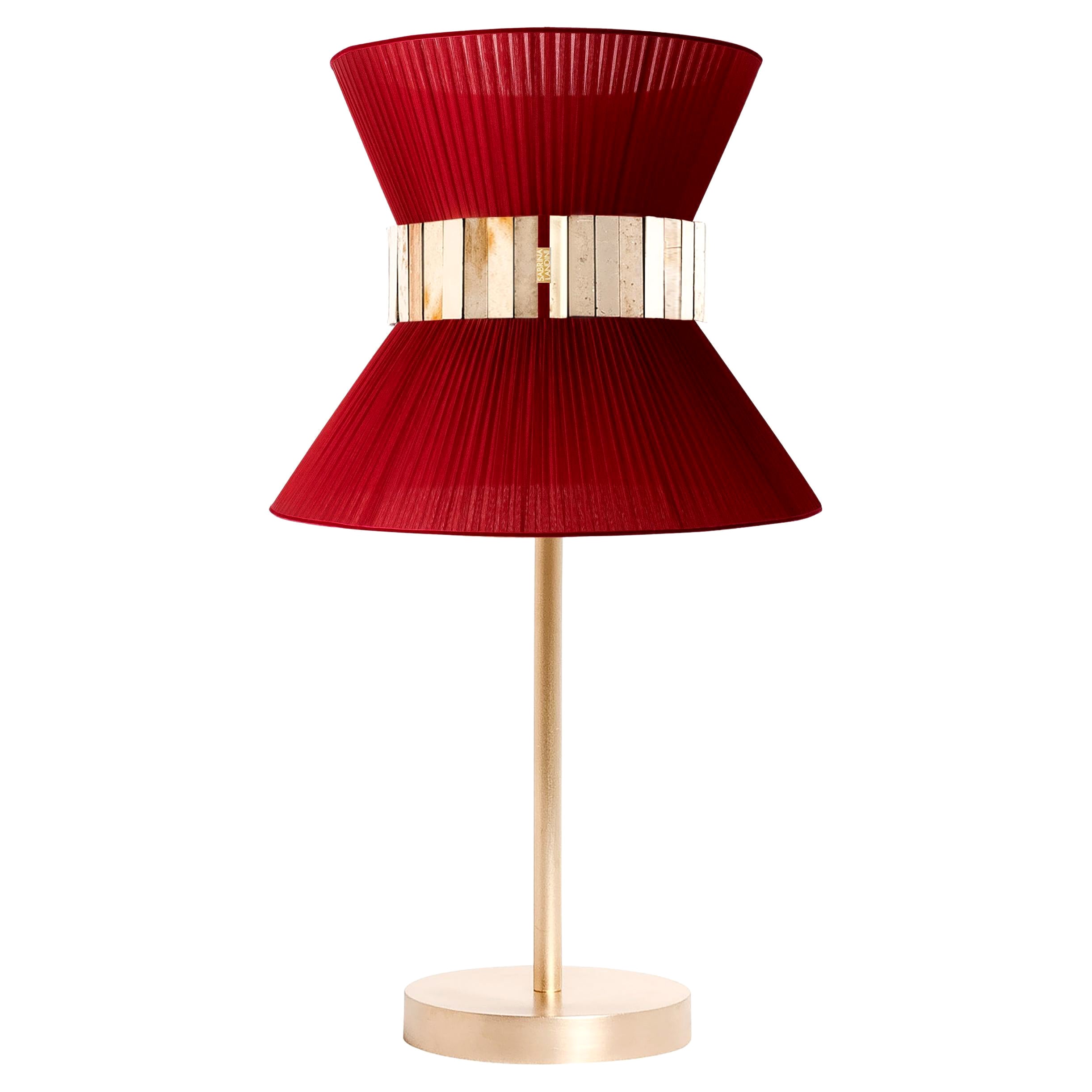 “Tiffany” contemporary Table Lamp 23 RedHeart Silk, Antique Brass, Silvered Glas For Sale