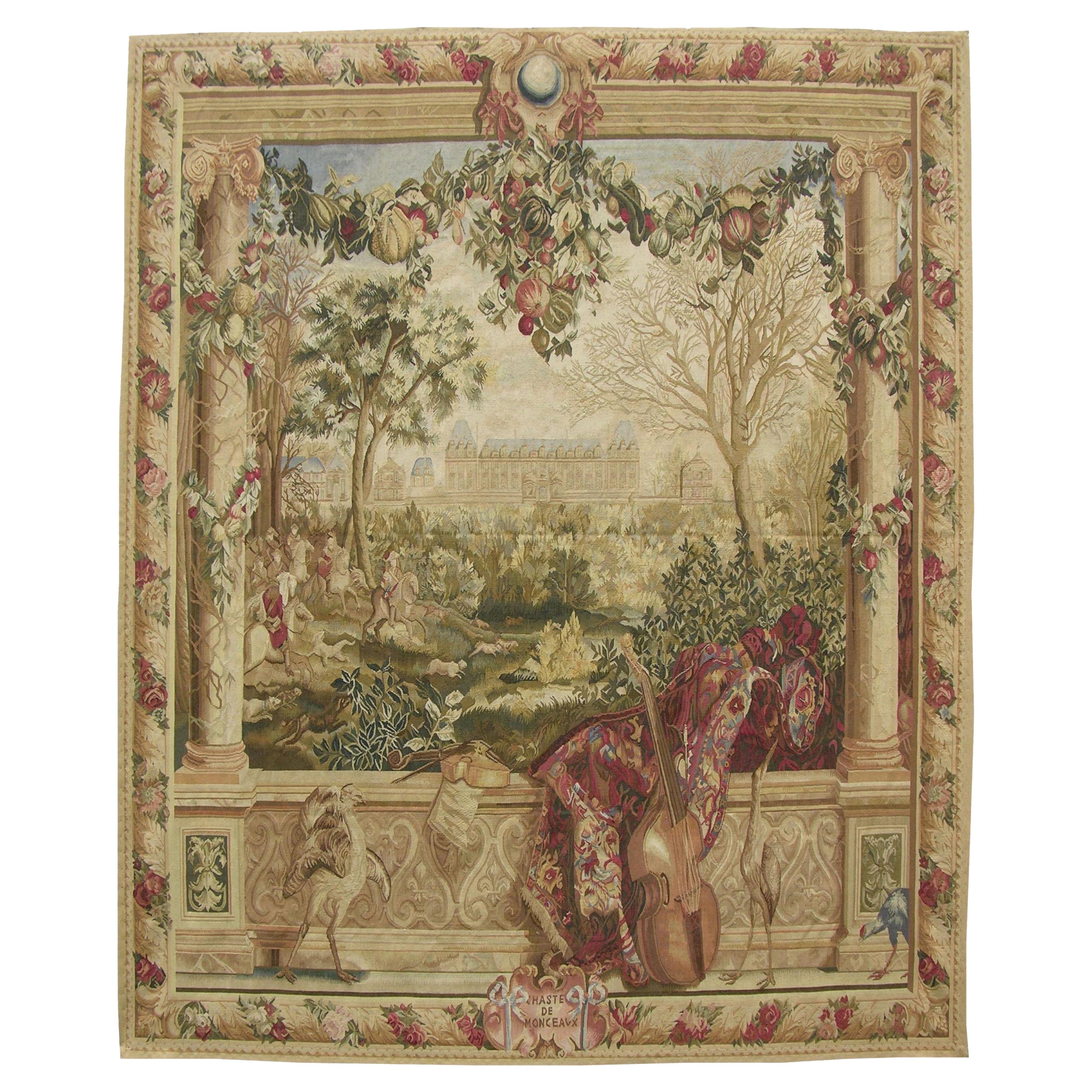 Vintage Tapestry Depicting an Artist in His Private Garden 7'7" X 6'5" For Sale