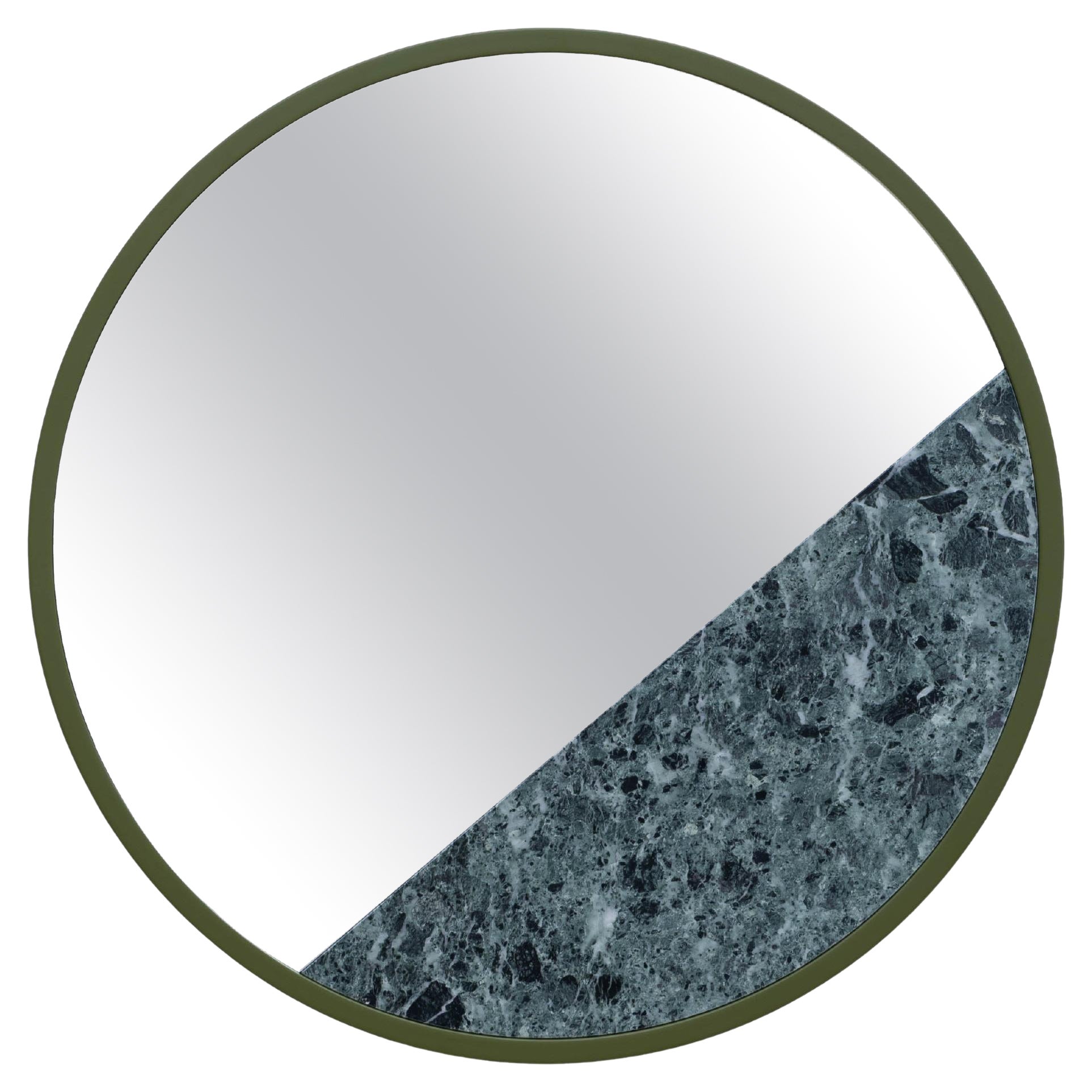 Round Verde Alpi Marble Mirror, Handmade in Italy, Wooden Frame For Sale
