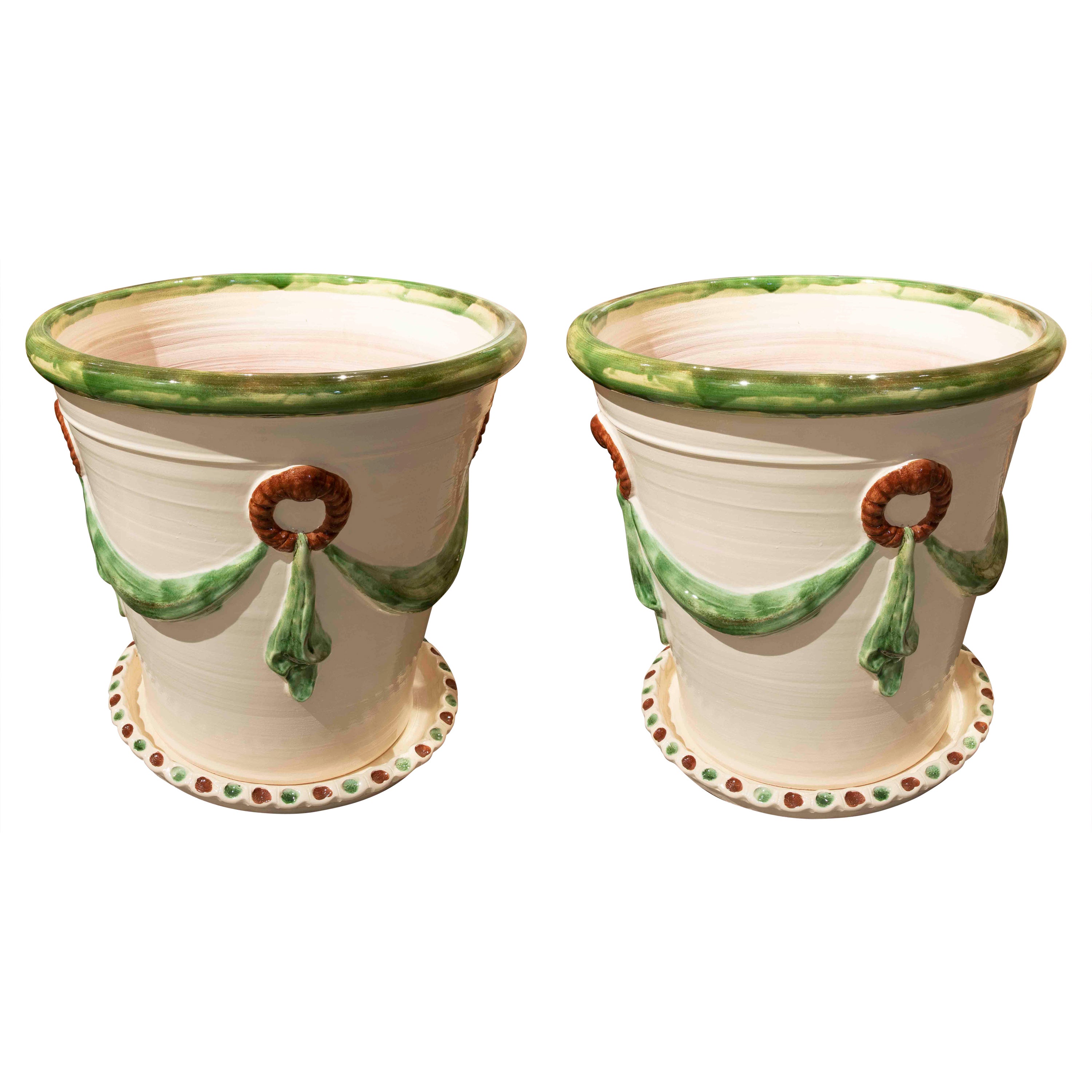 Pair of Granadian Glazed Ceramic Flowerpots with Saucers For Sale