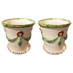 Used Pair of Granadian Glazed Ceramic Flowerpots with Saucers