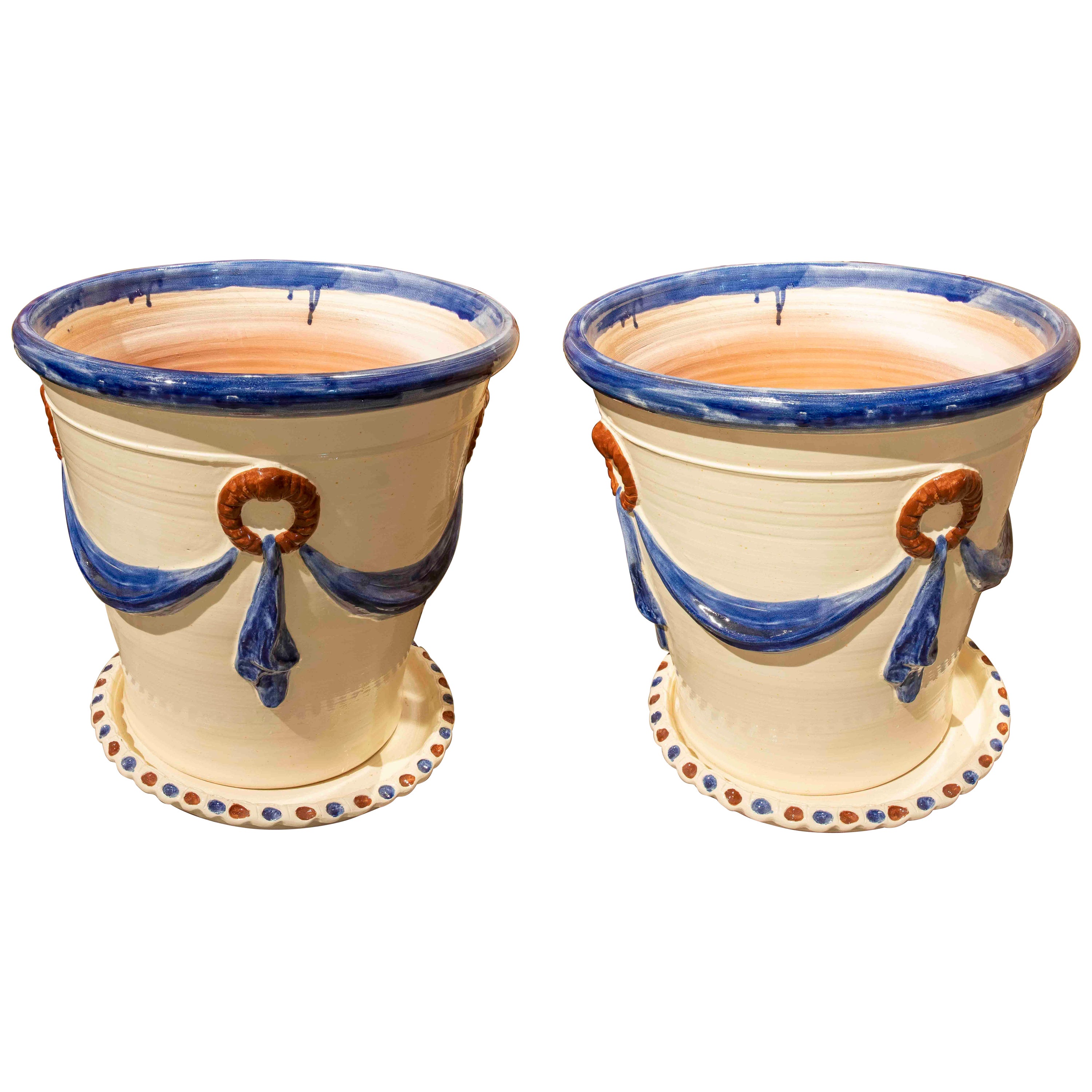 Pair of Granadian Glazed Ceramic Flowerpots with Saucers For Sale