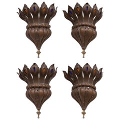 Set of Four Brass Wall Sconces with Coloured Crystals Decoration