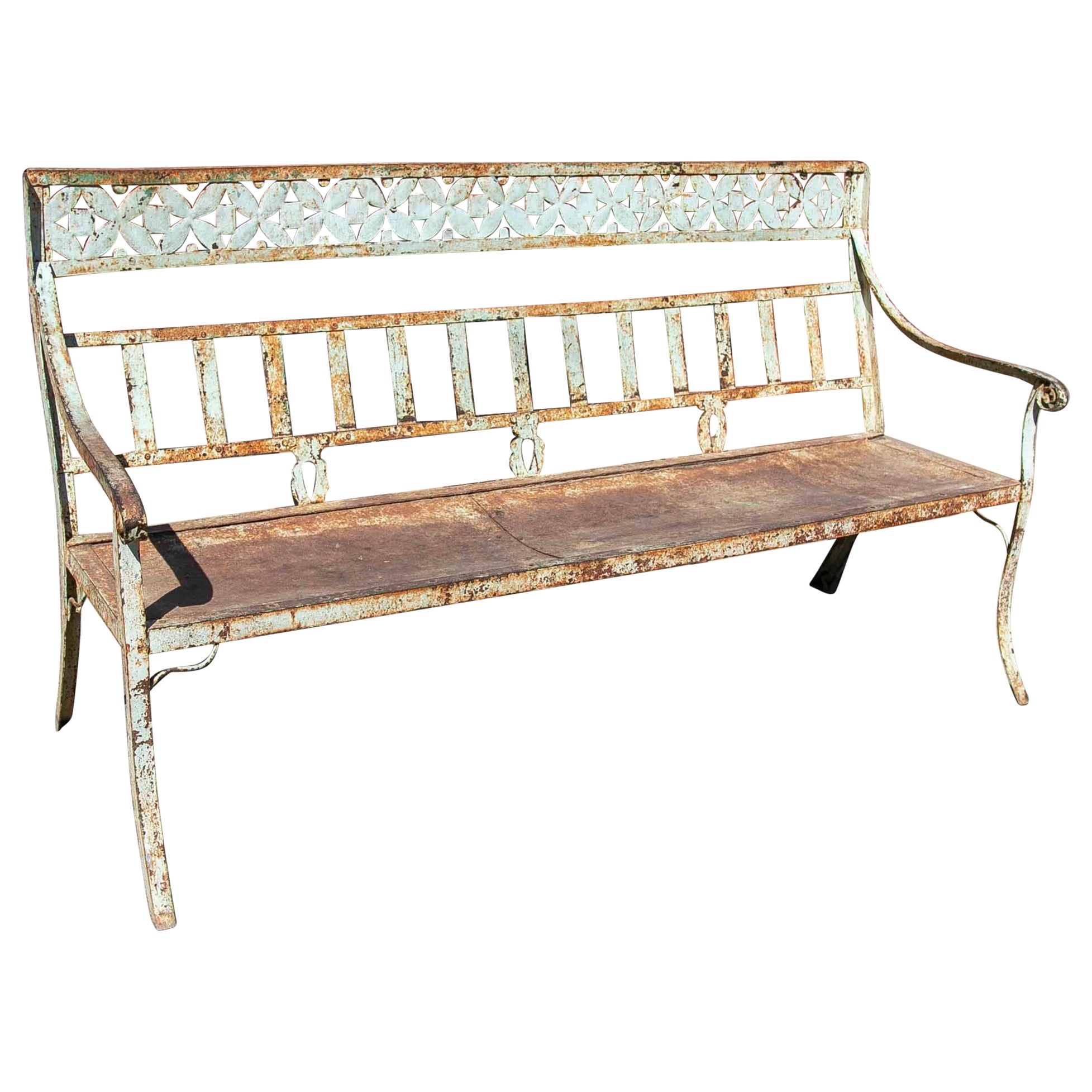 1950s Iron Bench Polychromed with Flowers Decoration For Sale