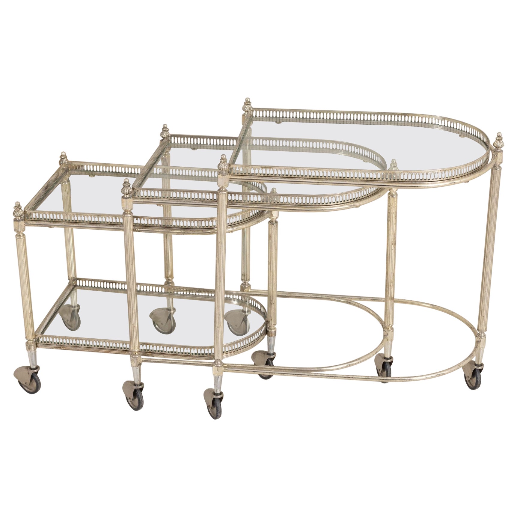 French Nickel Nesting Serving Trollies with Removable Trays For Sale