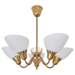 Vintage Hans Bergström Attributed Five Arm Chandelier in Brass, ASEA, Sweden, 1950s