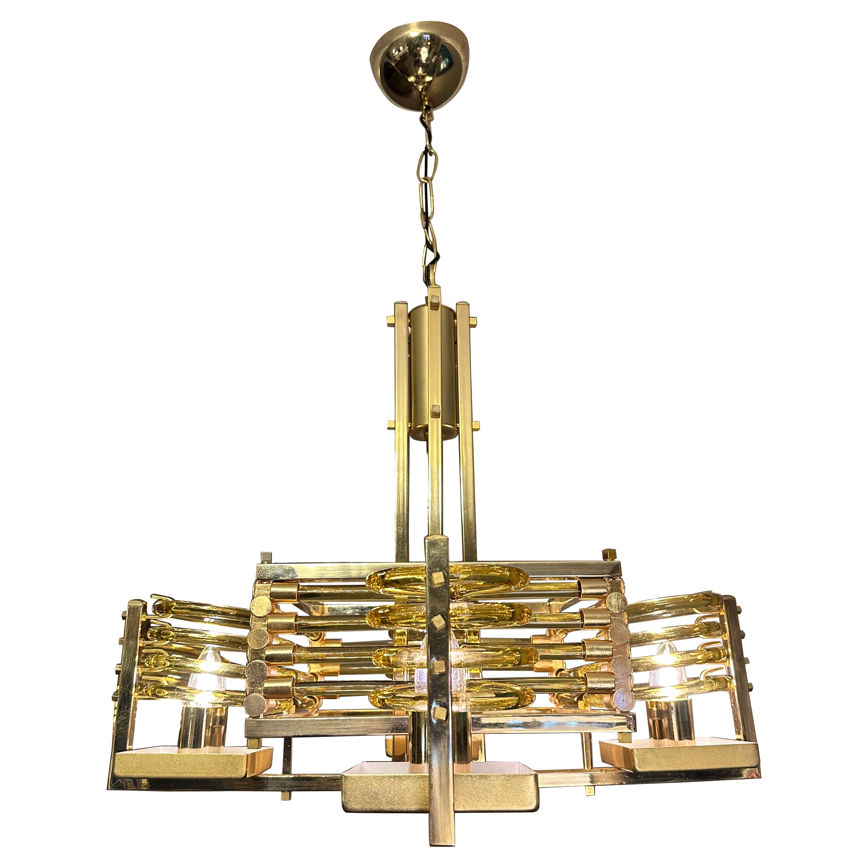 An Italian Gold Plate and Murano Glass Chandelier  For Sale