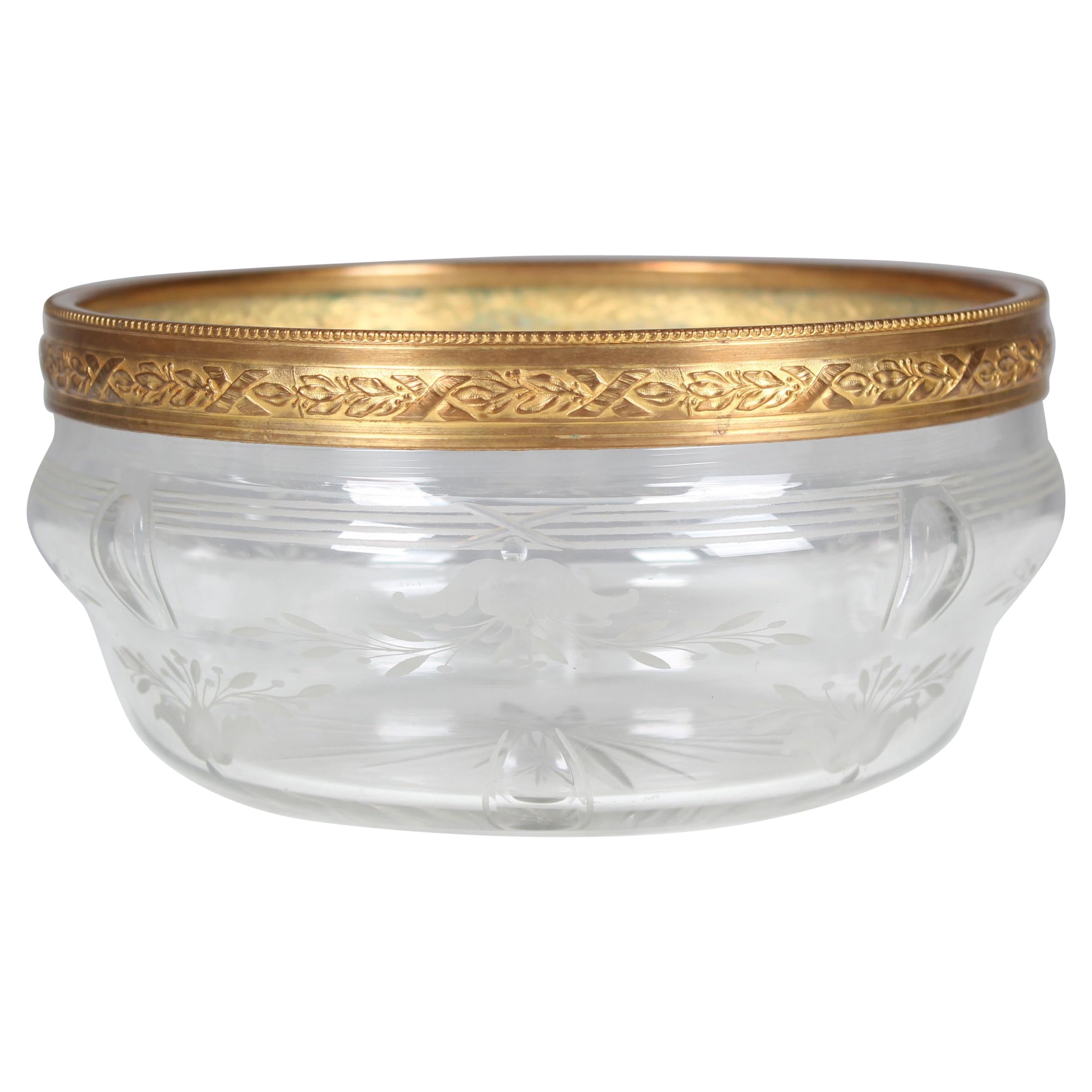 Antique Glass Bowl, France, Circa 1900, Brass And Beveled Glass Serving Bowl For Sale