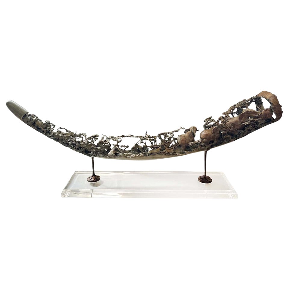 Large Bronze Sculpture of a Mammoth Tusk with Parade of Animals by Ron Herron For Sale