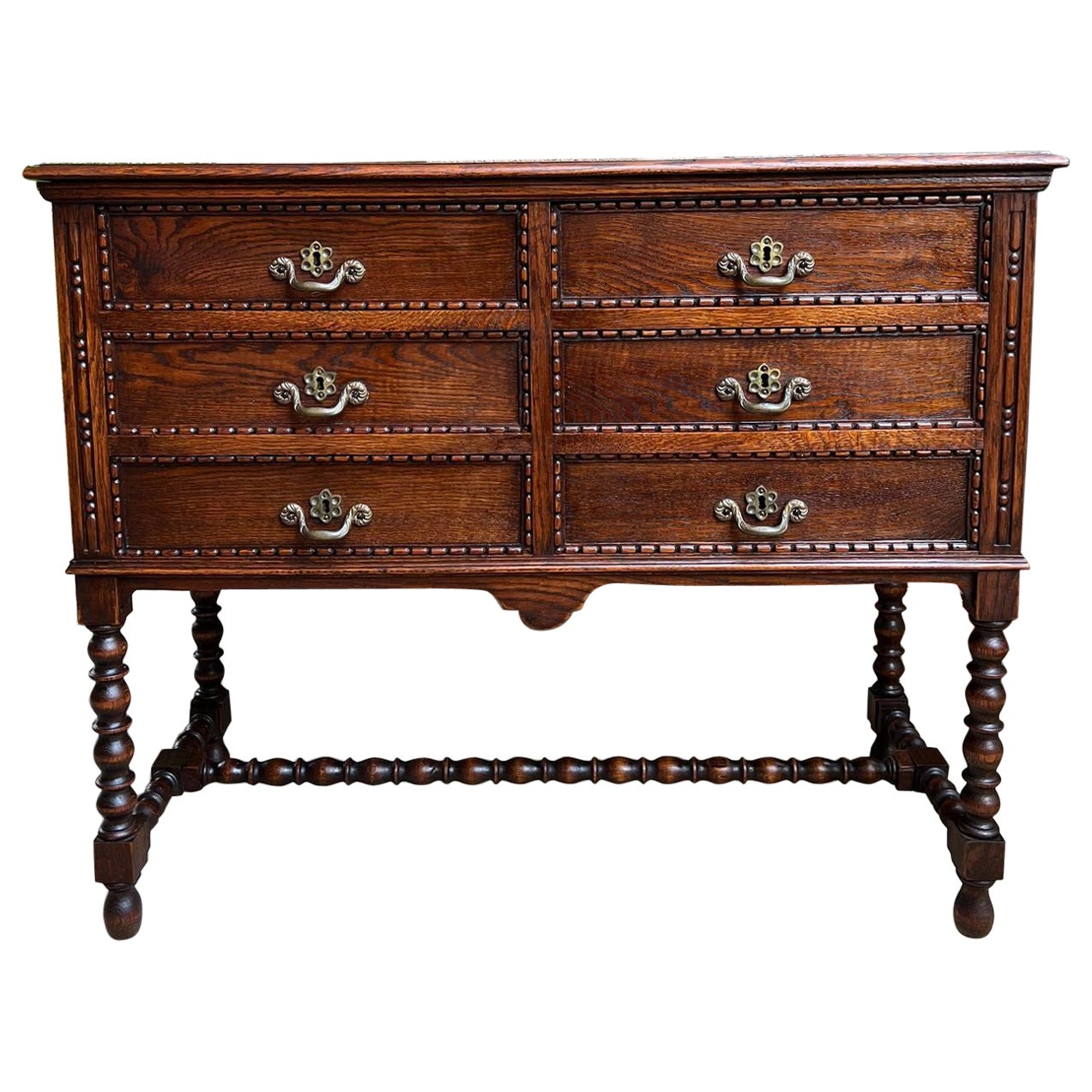 Antique English Hall Table Chest Sideboard Cabinet Jacobean Carved Oak Bobbin