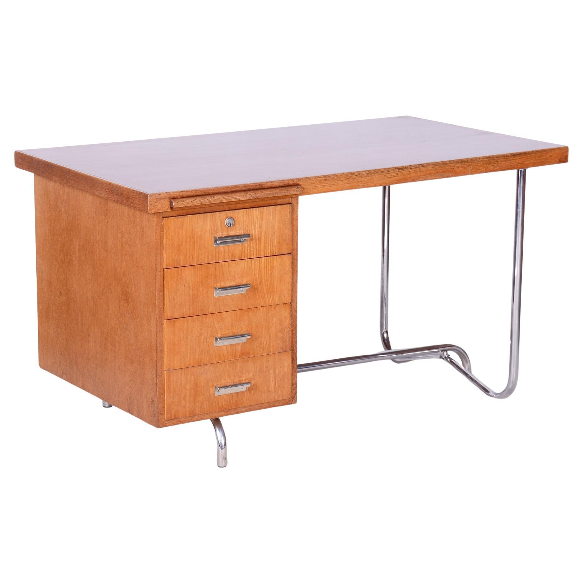 Restored Bauhaus Oak Writing Desk, Hynek Gottwald, Chrome, Czechia, 1930s For Sale