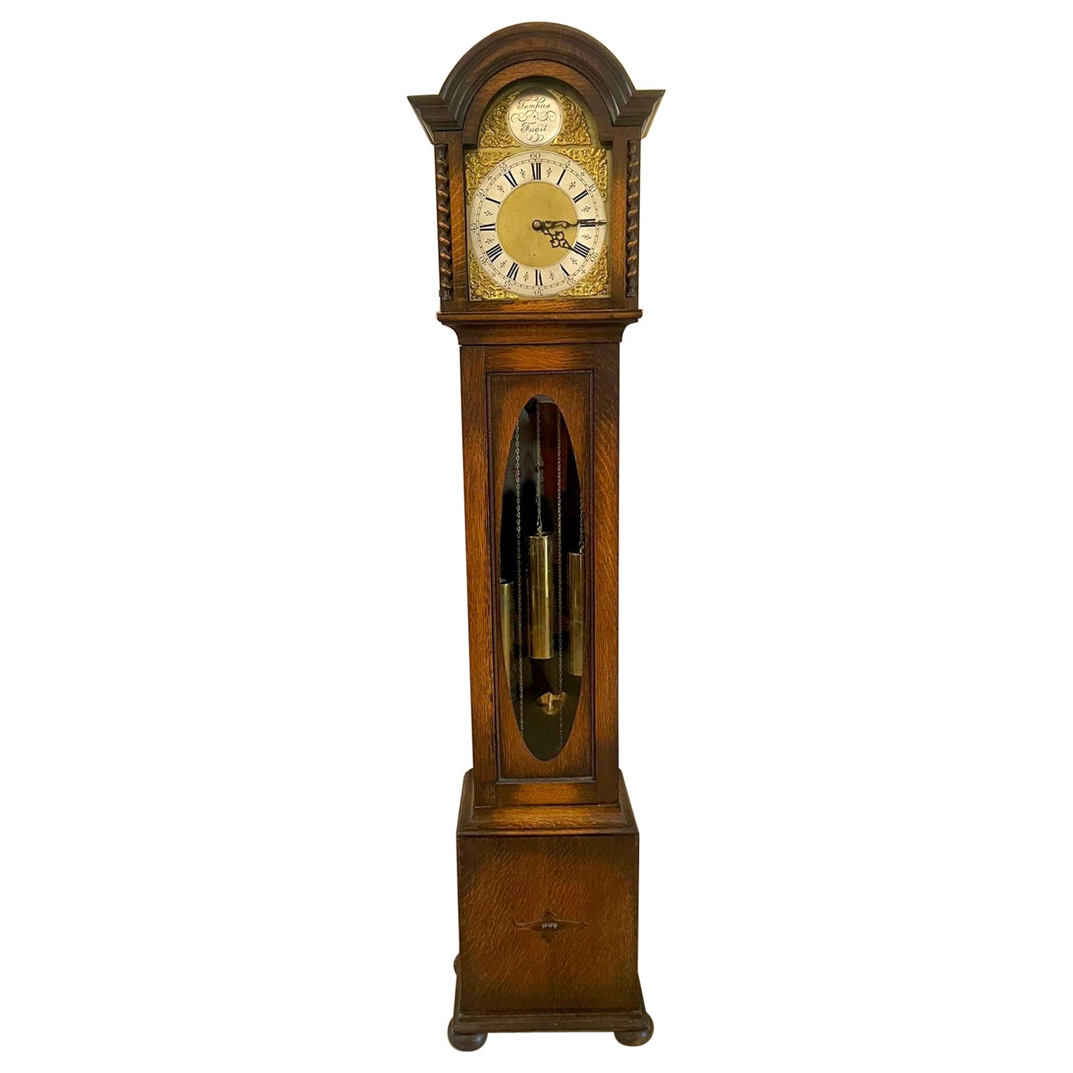 Antique Quality Oak Brass Face Chiming Grandmother Clock 