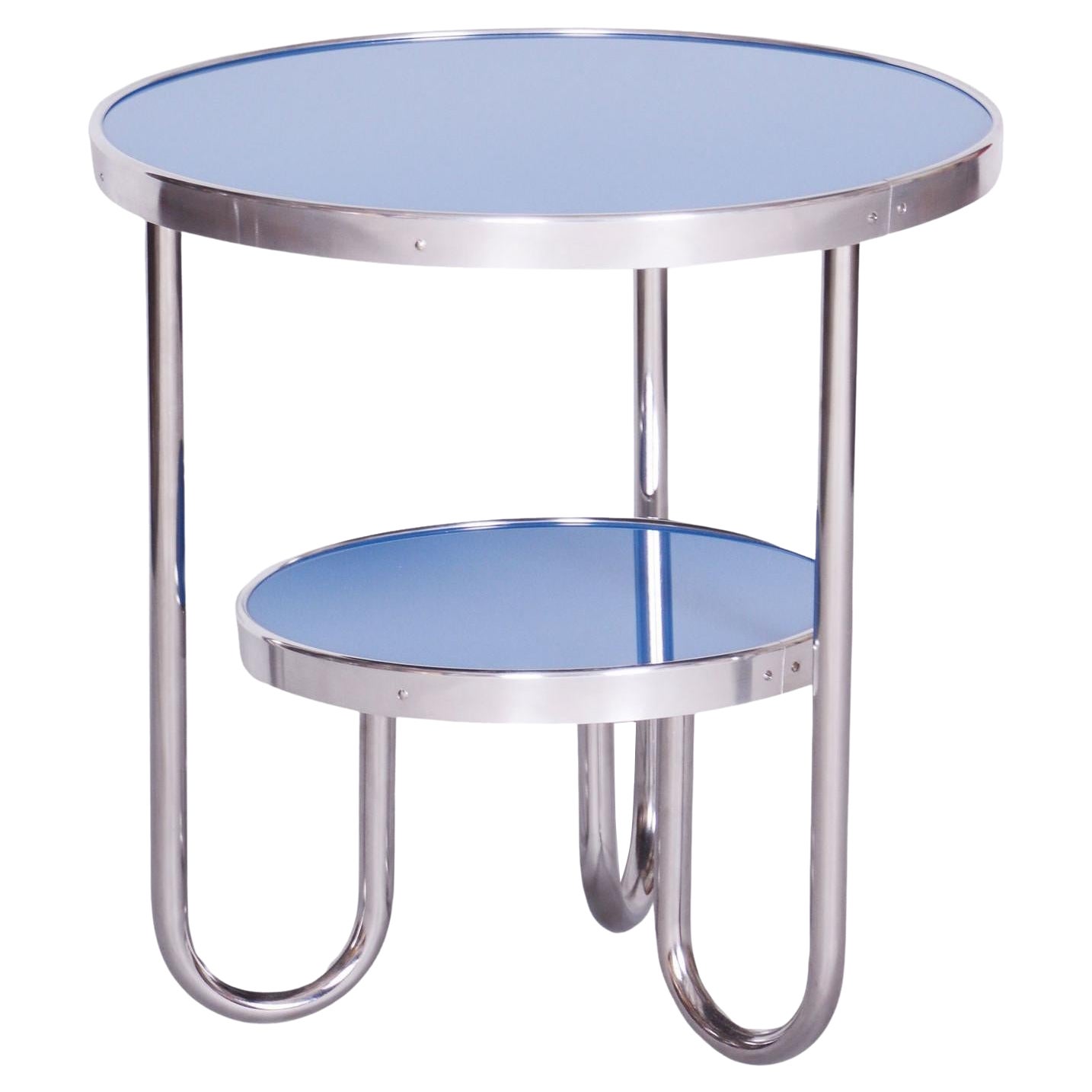 Restored Bauhaus Small Blue Table, Kovona, Chrome, Czechia, 1930s For Sale