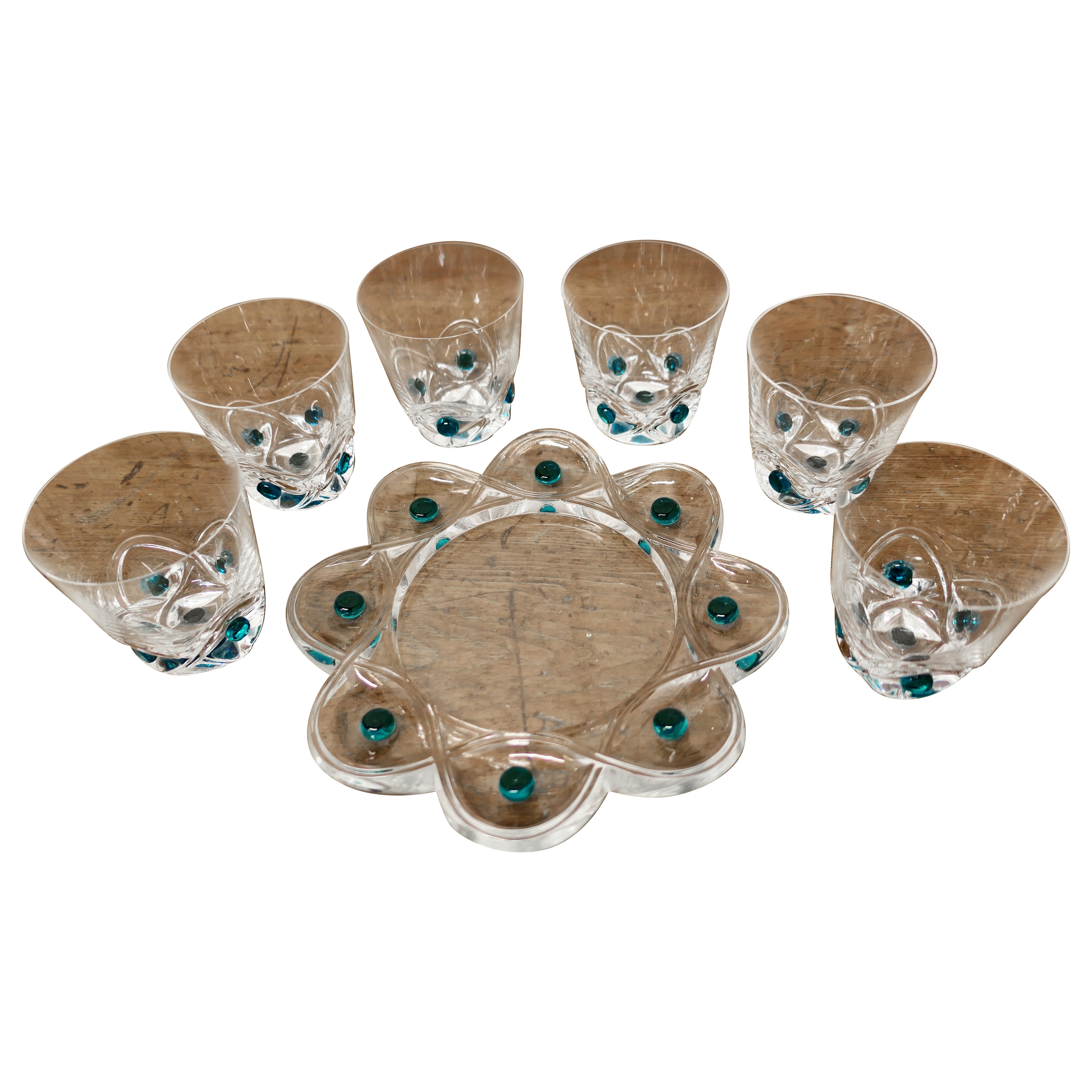 Lalique Floride Turquoise Crystal Set of 6 Whiskey Tumblers and Assiette   For Sale