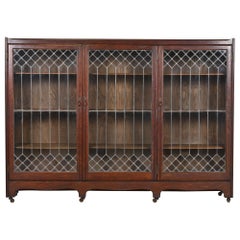 Antique Arts & Crafts Oak Leaded Glass Triple Bookcase by George C. Flint Co.