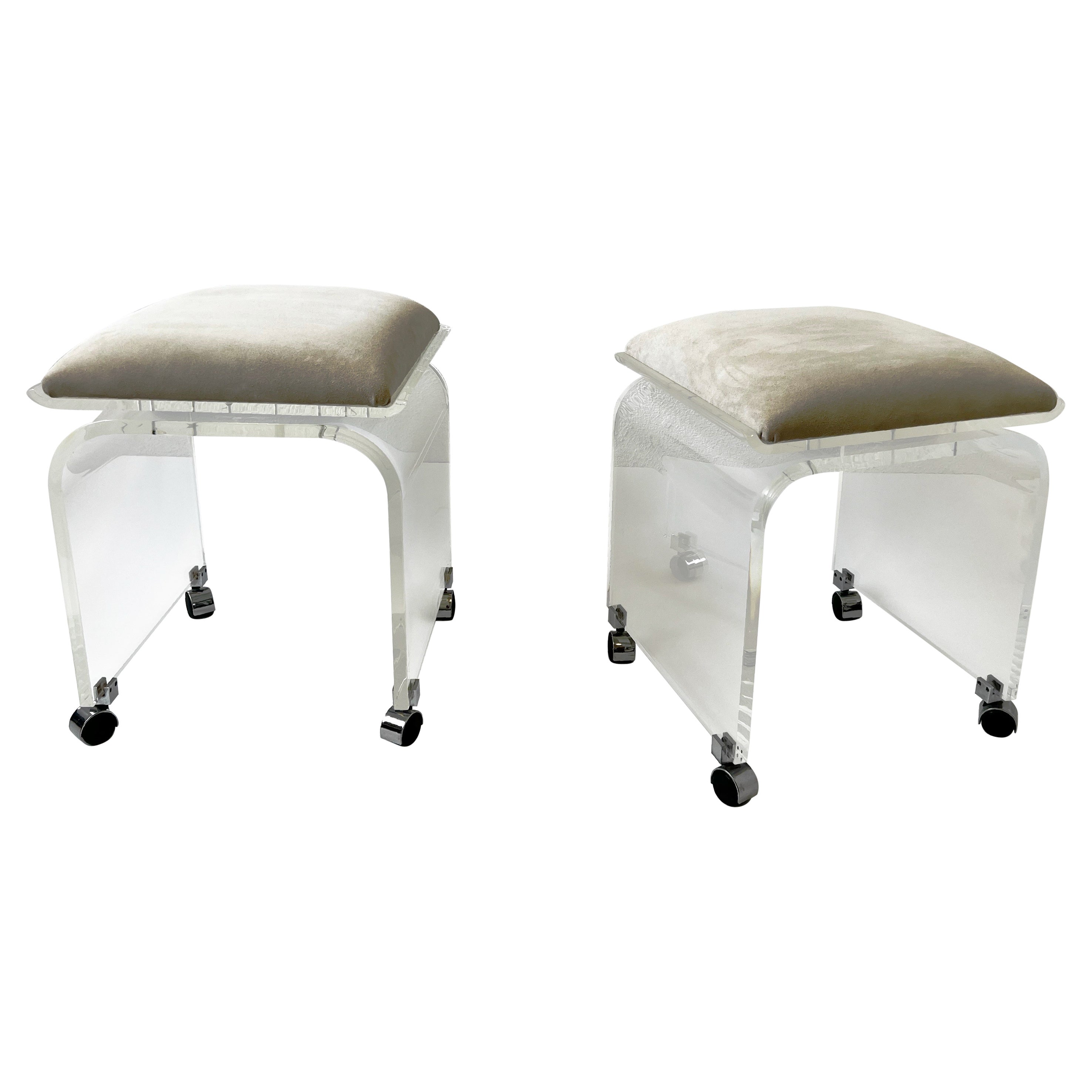 Pair of “Waterfall” Lucite and Suede Swivel Stools by Charles Hollis Jones 