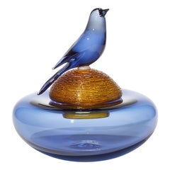 All About Birds XVII, a rich blue & amber glass bird sculpture by Julie Johnson