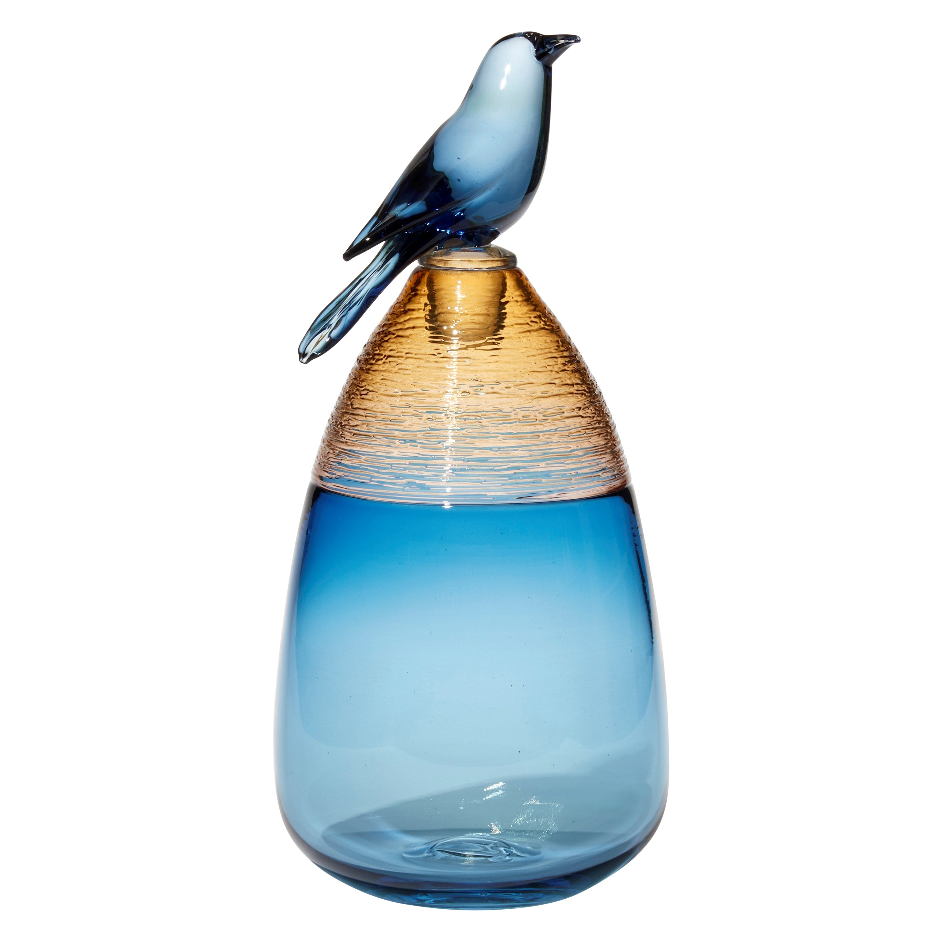 All About Birds XIX, blue & amber glass bird themed sculpture by Julie Johnson