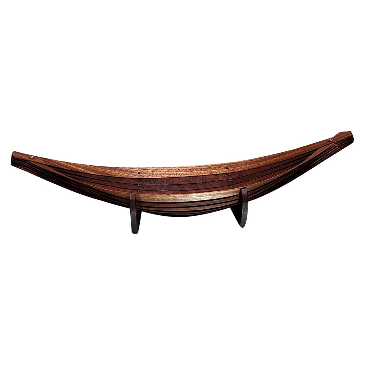 1970s Sculptural Modern Mahogany Wood and Brass Canoe Bowl For Sale