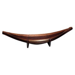 1970s Sculptural Modern Mahogany Wood and Brass Canoe Bowl