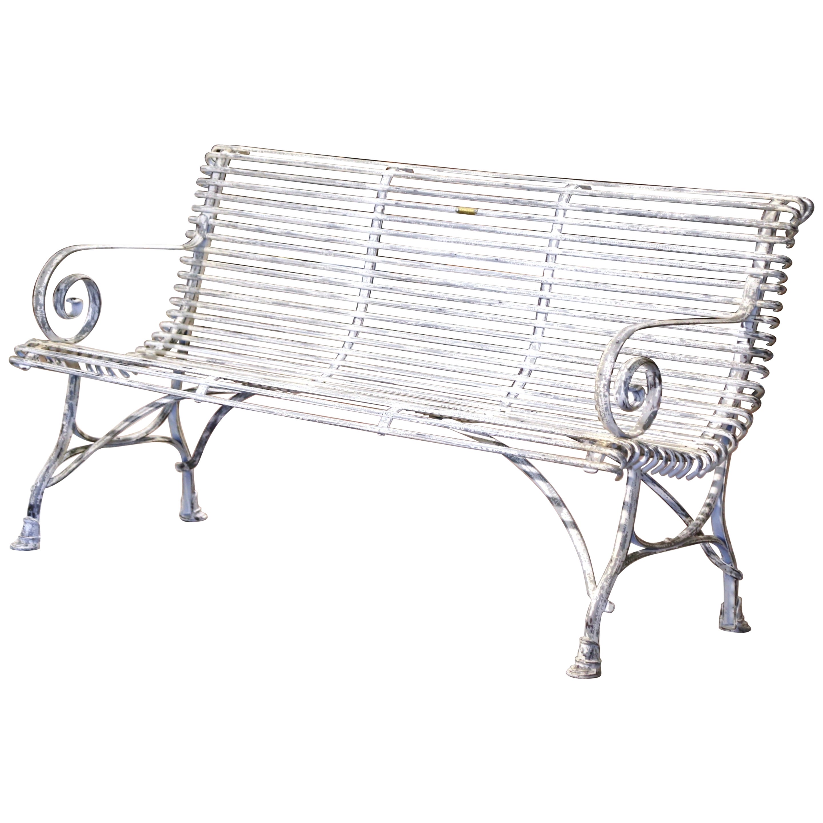 Vintage French Painted Iron Three-Seat Garden Bench Signed Sauveur Arras