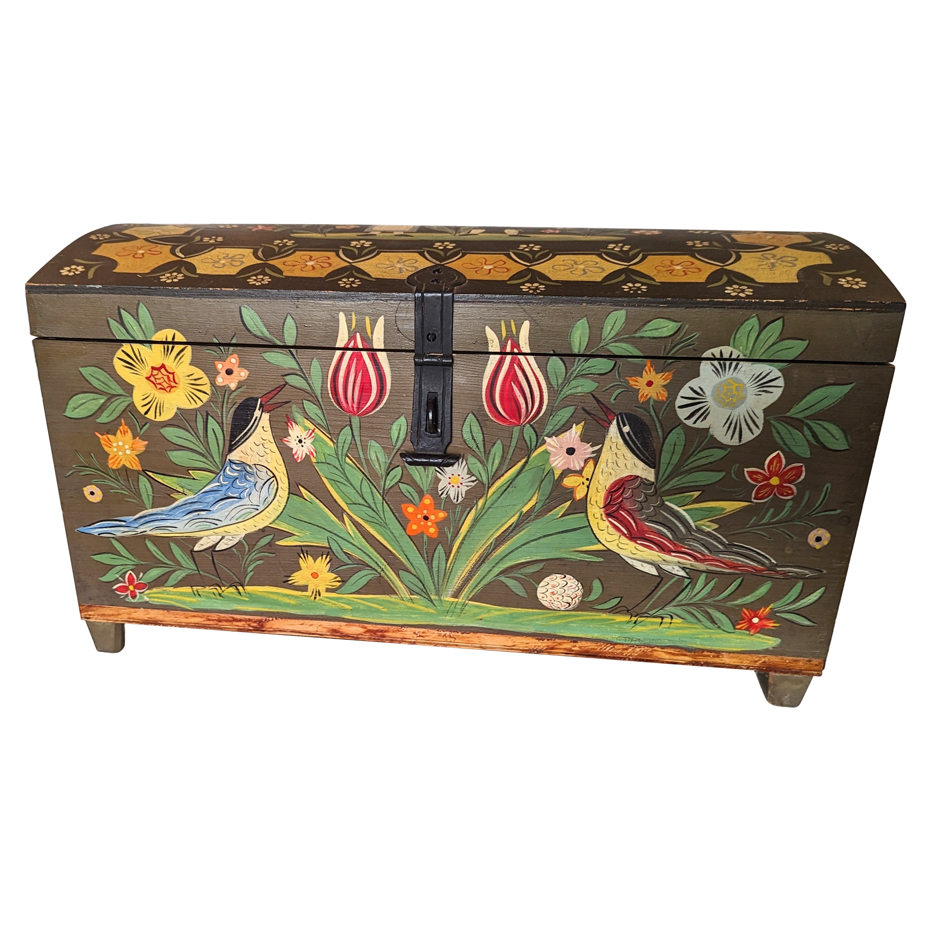 Boîte artisanale vintage peinte à la main, oiseaux à fleurs, rangement traditionnel en vente