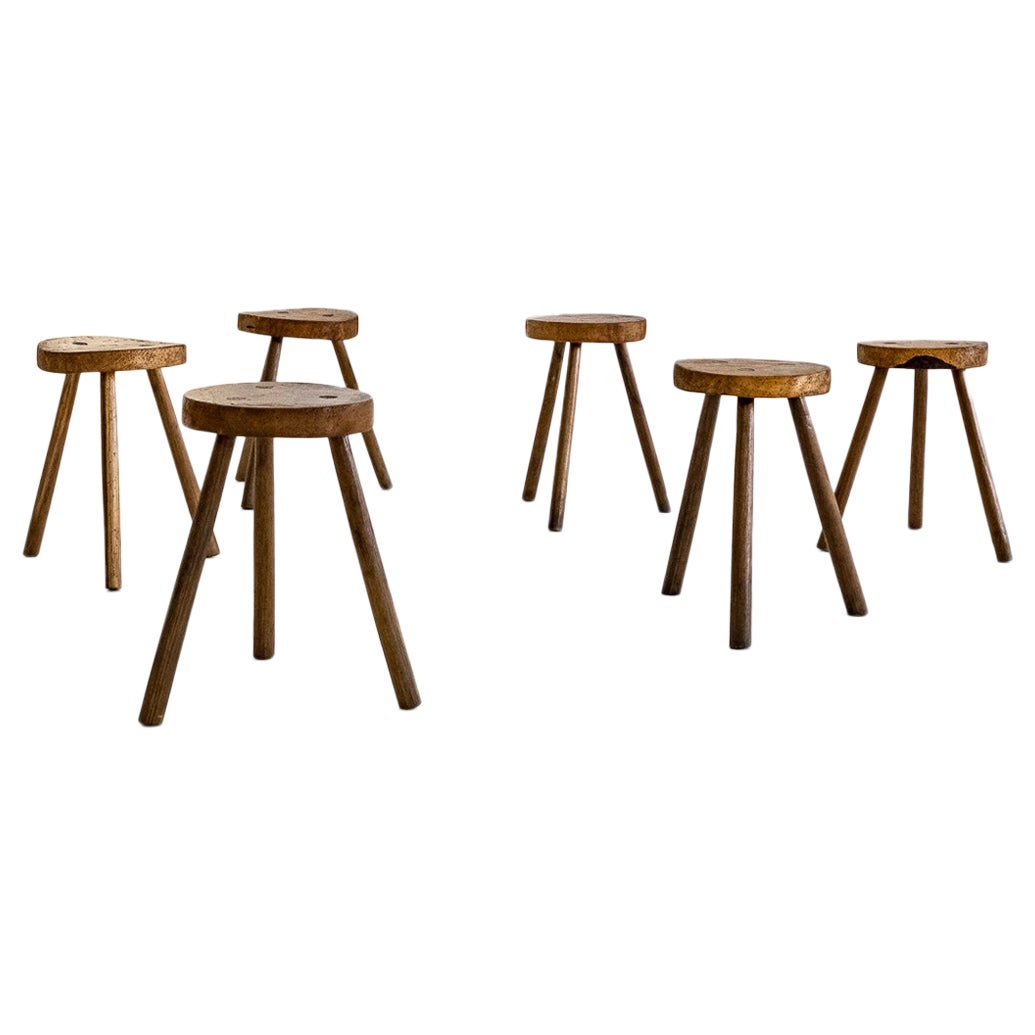 Set of 6, Wooden, Brutalist Tripod Stools or Side Tables, Italy, ca. 1960s For Sale