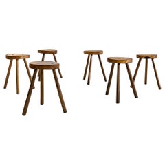 Used Set of 6, Wooden, Brutalist Tripod Stools or Side Tables, Italy, ca. 1960s