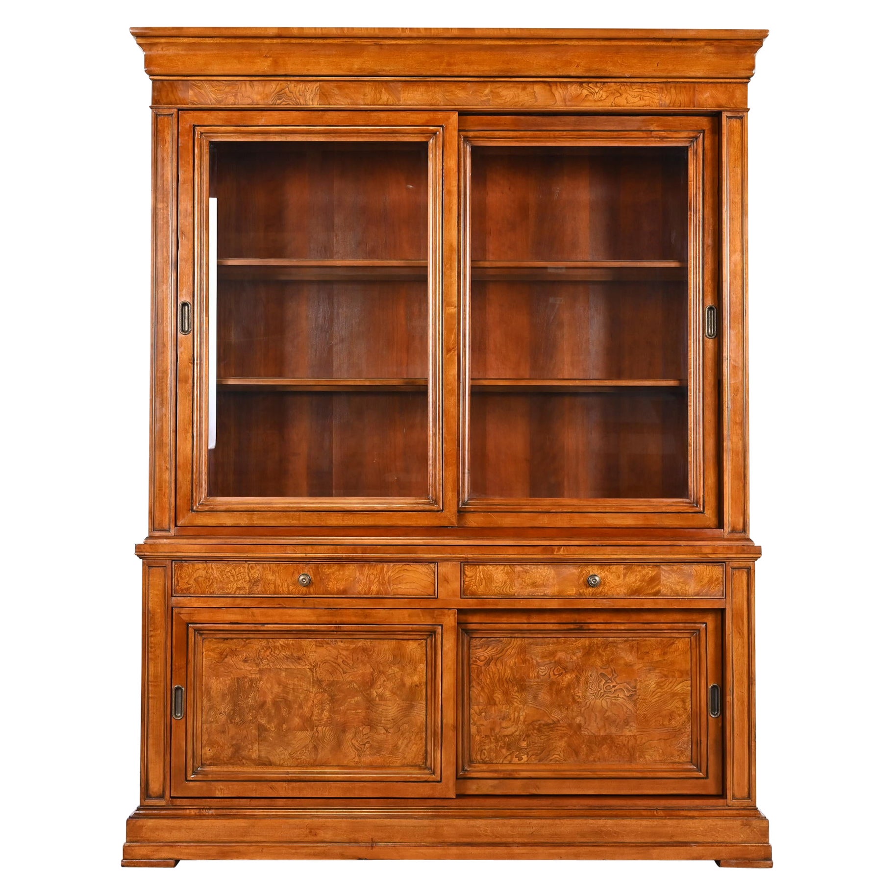 French Louis Philippe Style Cherry and Burl Wood Breakfront Bookcase Cabinet For Sale