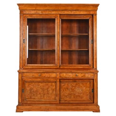 French Louis Philippe Style Cherry and Burl Wood Breakfront Bookcase Cabinet