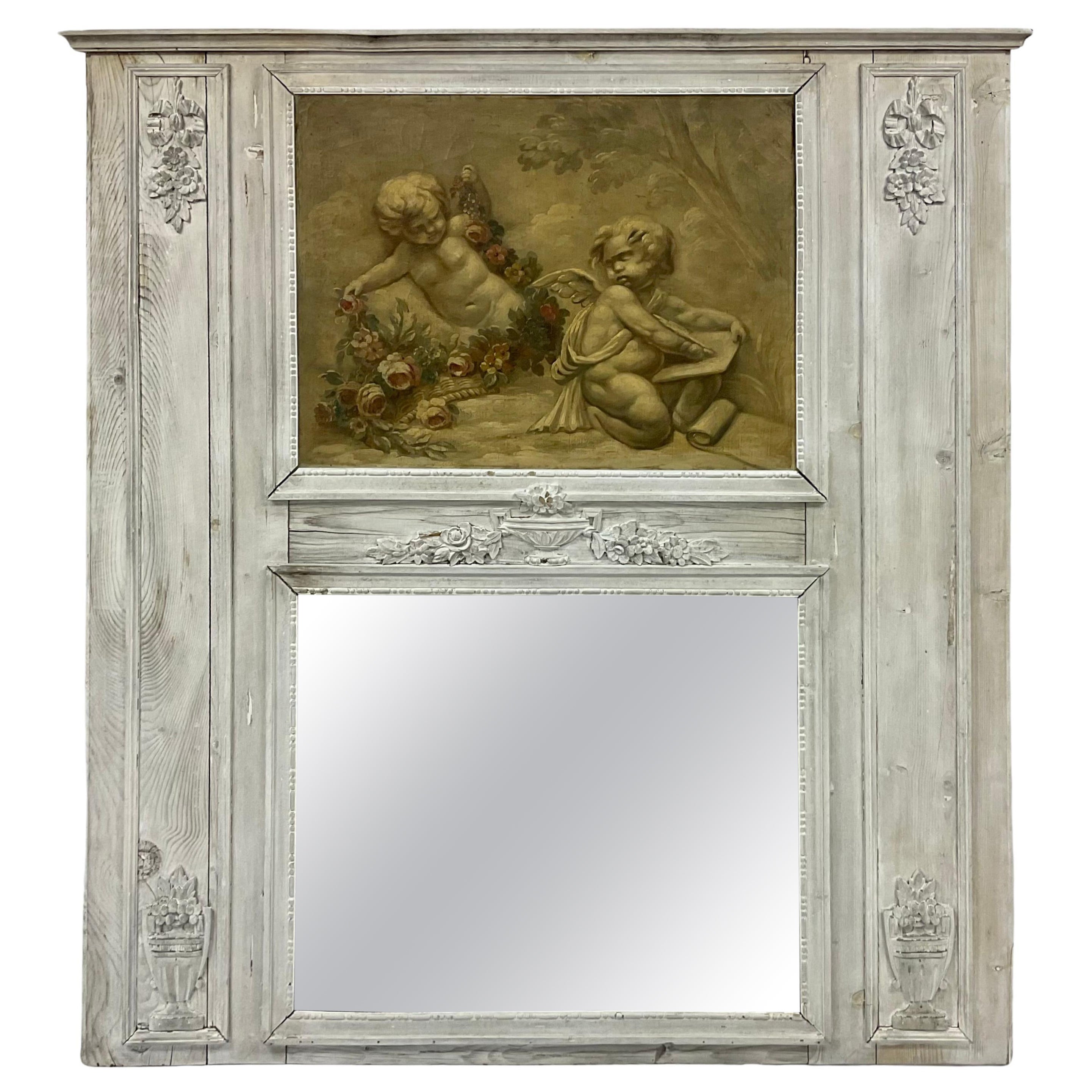 19th Century Louis XVI Trumeau Mirror With Cherubs For Sale