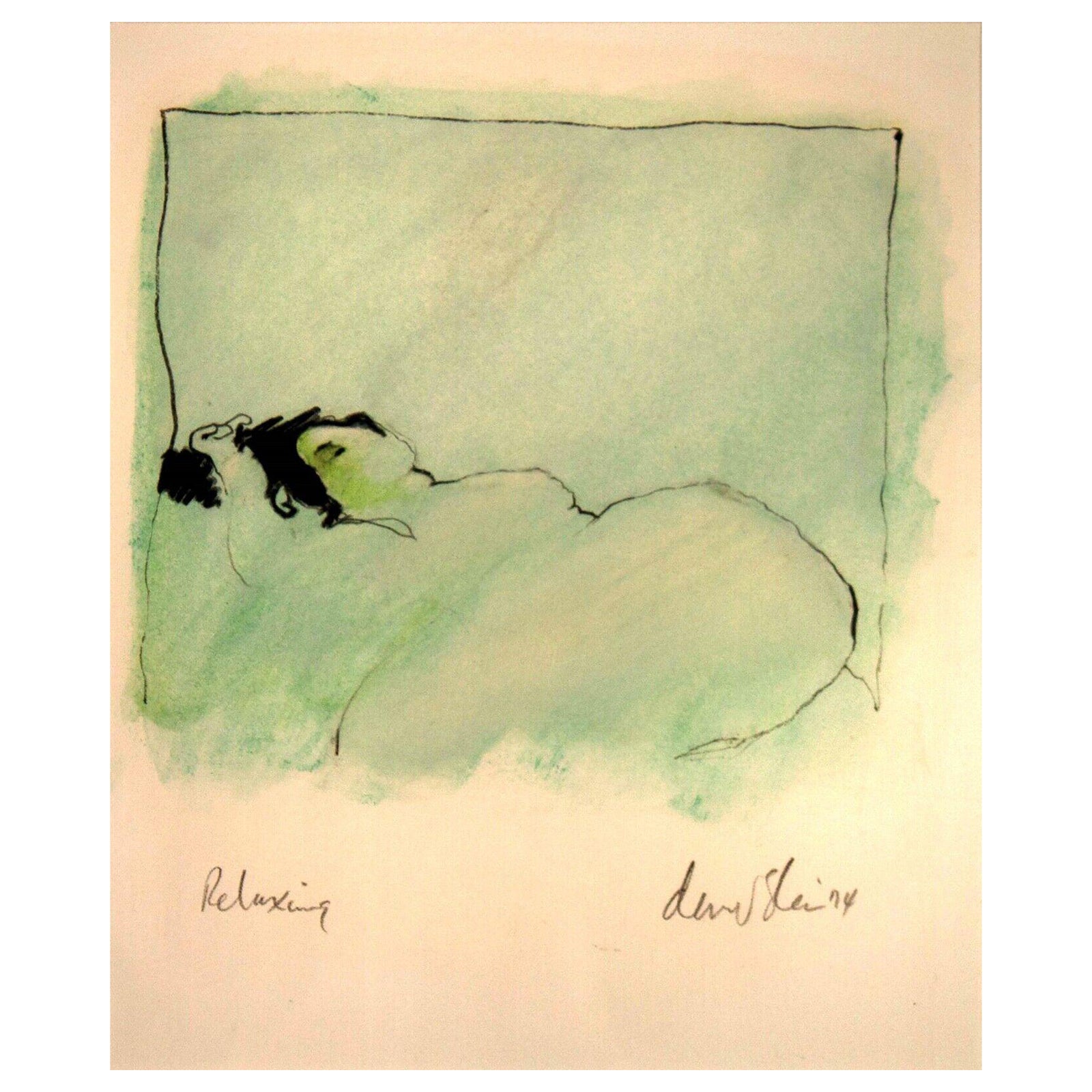 David Slee relaxing, dessin moderne abstrait de femme nue au pastel sur papier, signé en vente