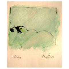 David Slee relaxing, dessin moderne abstrait de femme nue au pastel sur papier, signé