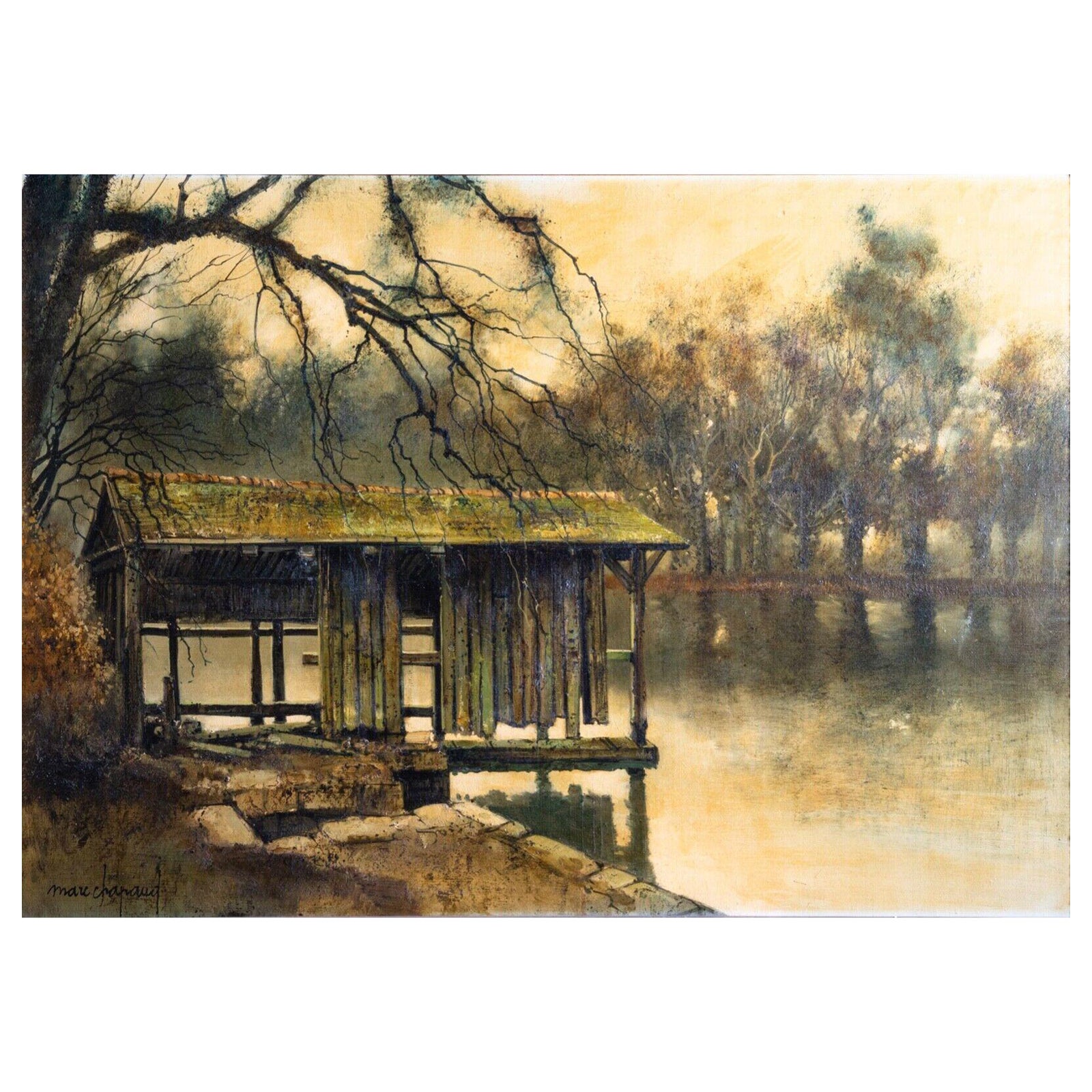 Marc Capaud Etang at Sologne Signed 1975 Oil Painting on Canvas French Landscape For Sale