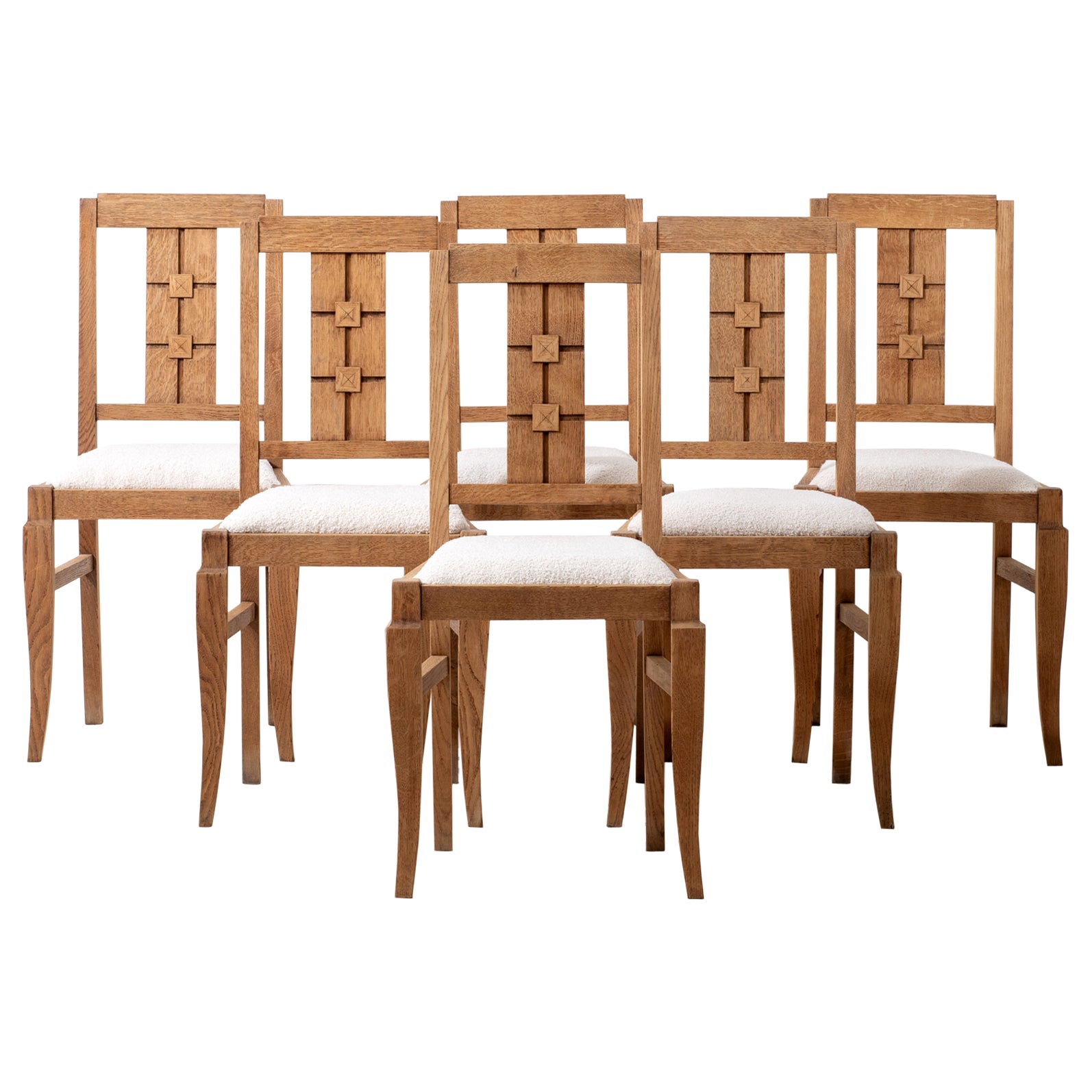 Elegantes Set aus sechs französischen Art-Déco-Stühlen aus Eiche, 1940er Jahre, Bouclé