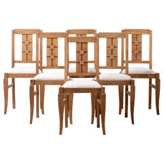 Antique Elegant Set of Six French Art Deco Oak Chairs, 1940s, Bouclé