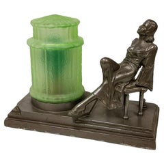 Vintage Art Deco Spelter Metal Lounging Women Lamp w/ Green Light Shape