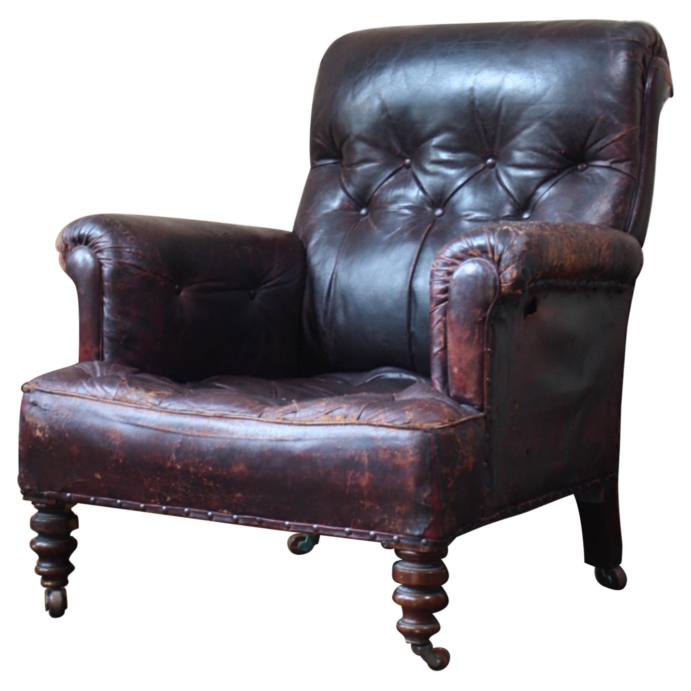 19th Century Red Maroon English Country House Leather Armchair  For Sale