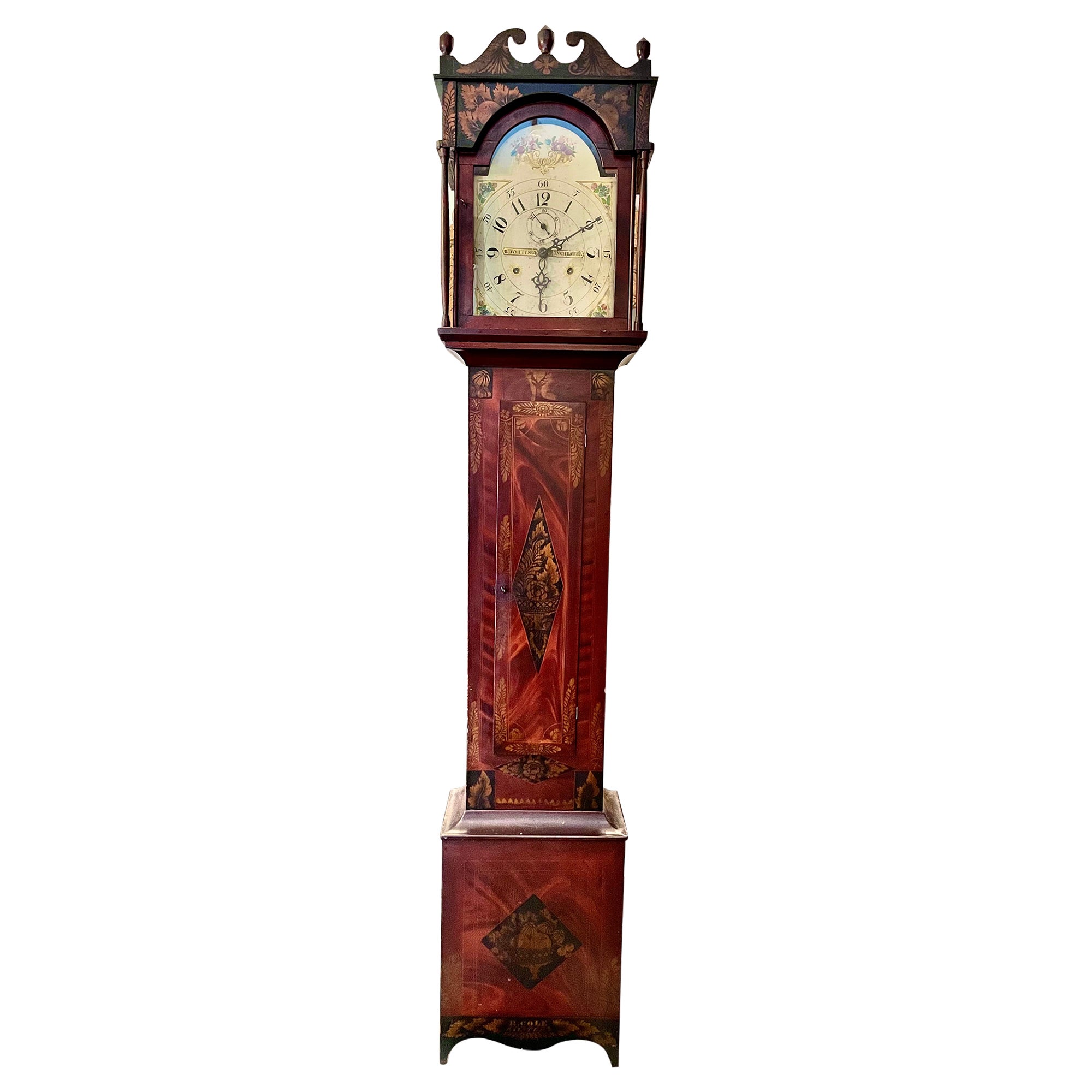 American Federal Grain Painted and Stenciled Tall Clock by Rufus Cole For Sale