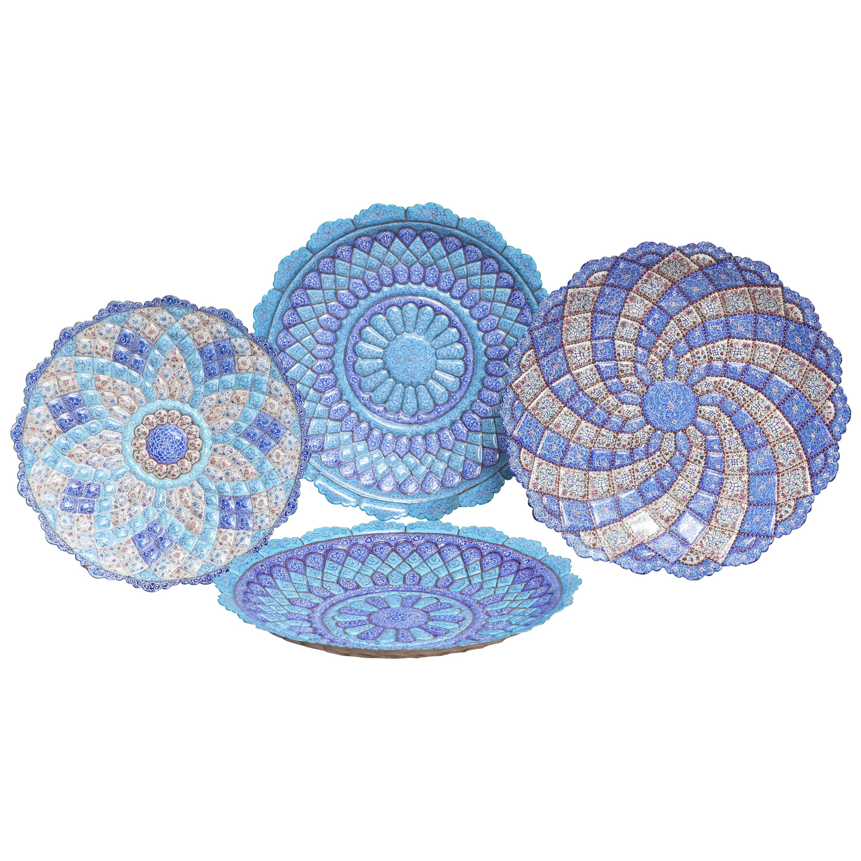 Blue Iranian Minakari Plates, Vitreous Enamel on Copper