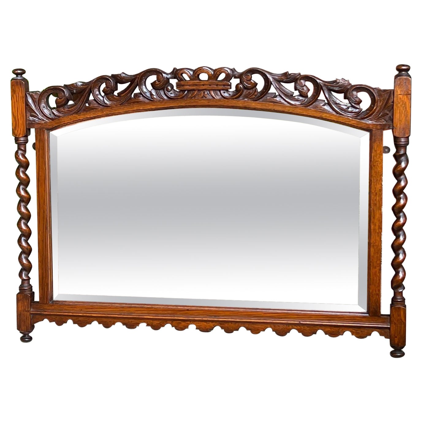 Antique English Carved Oak Wall Mirror Barley Twist Arched Top Frame Jacobean For Sale