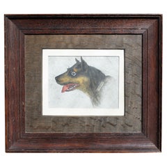 Antique Early 20th Century Folk Art Pencil on Paper Odd Dog "Job" Oak Frame Rottweiler